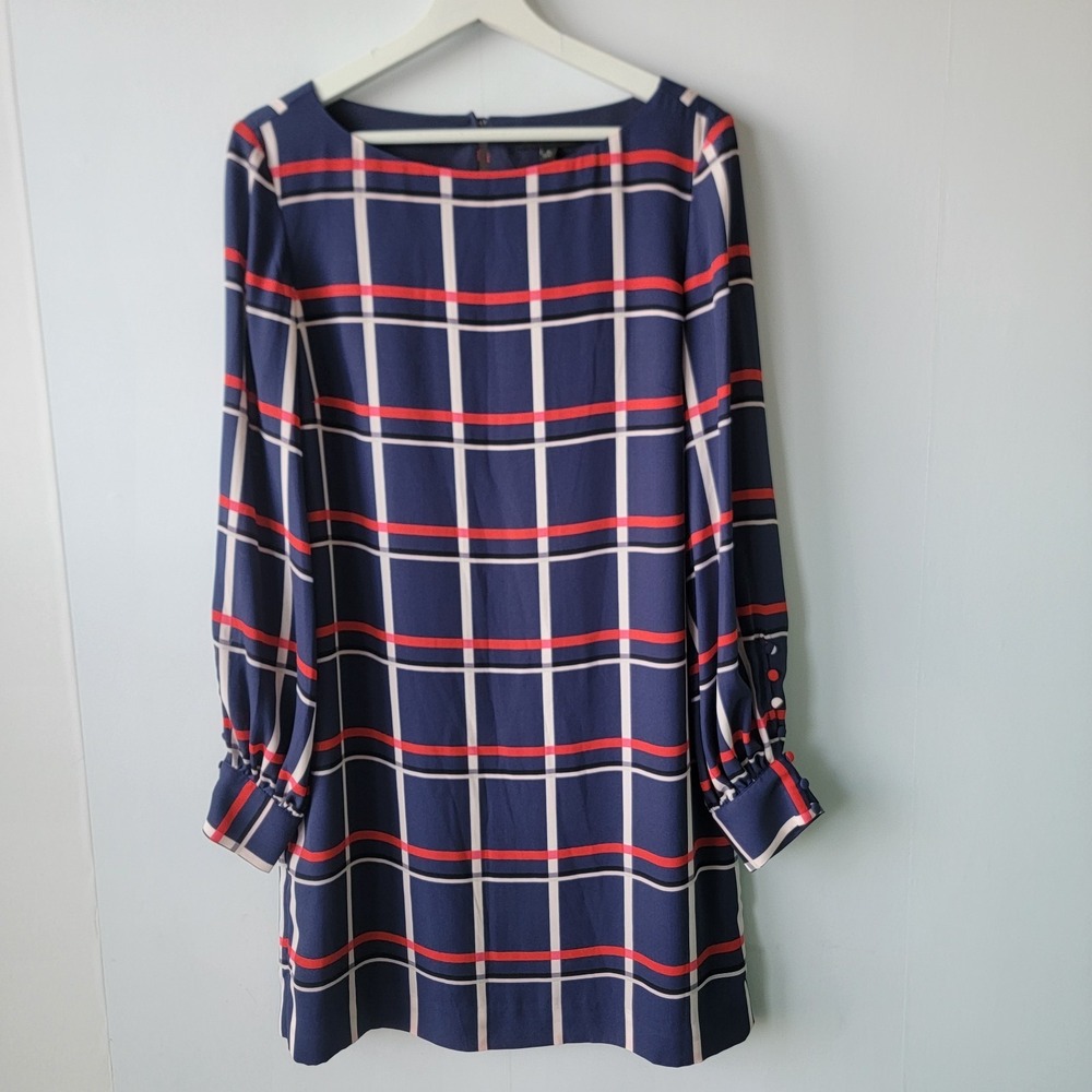 Banana Republic women's navy red windowpane plaid shift dress size 8 long sleeve